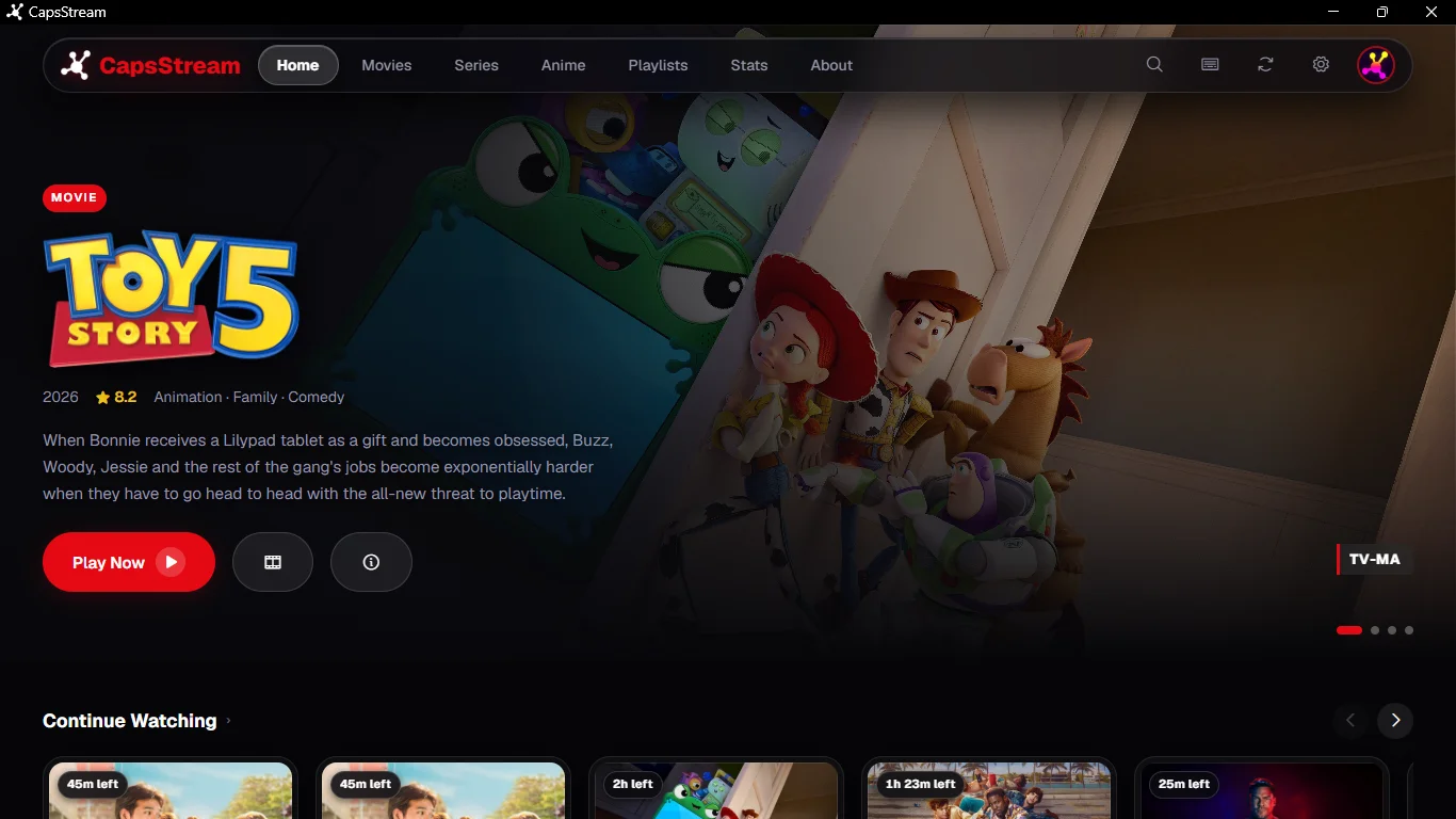 CapsStream Home Page Dashboard with media collections and hero banner